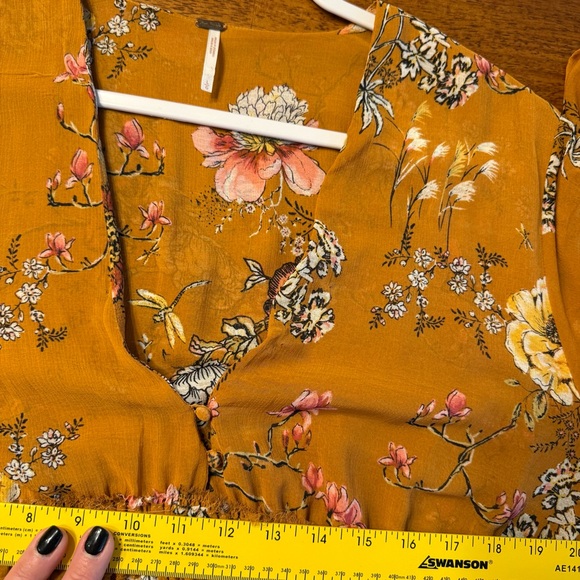 Free People Cherry Blossom Mini Dress Floral Bohemian Topaz color Mustard size L - Picture 11 of 13